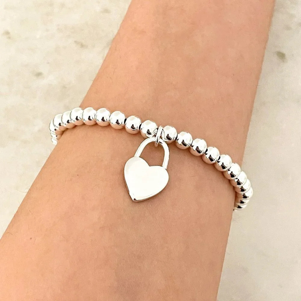 925 Sterling Silver Bead Bracelet Thick Chunky Heart Bracelet Dangle Heart